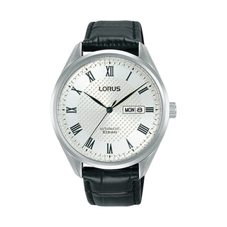 Front view of Lorus Automatic RL437BX9 Grey Dial Black Leather Mens Watch on white background