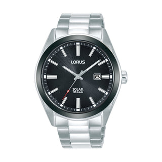 Front view of Lorus Solar RX335AX9 Black Dial Grey Stainless Steel Mens Watch on white background