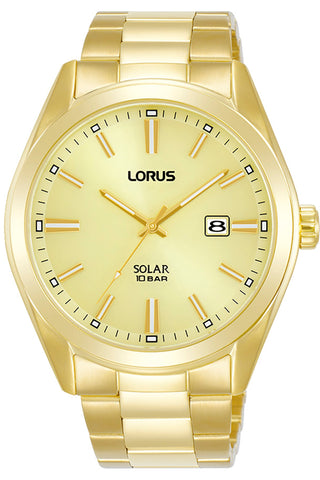 Front view of Lorus Solar RX338AX9 Gold Stainless Steel Mens Watch on white background