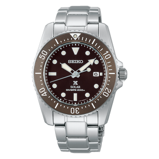 Front view of Seiko Prospex SNE571P1 Brown Dial Steel Stainless Steel Mens Watch on white background