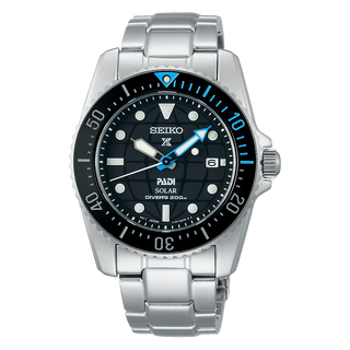 Front view of Seiko Prospex SNE575P1 Black Dial Steel Stainless Steel Mens Watch on white background