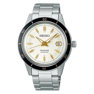 Front view of Seiko Presage SRPG03J1 White Dial Steel Stainless Steel Mens Watch on white background