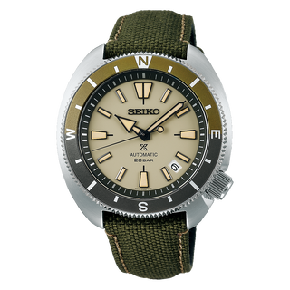 Front view of Seiko Prospex SRPG13J1 Beige Dial Green Textile Mens Watch on white background