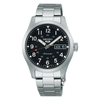 Front view of Seiko 5 Sports SRPJ81K1 Black Dial Steel Stainless Steel Mens Watch on white background