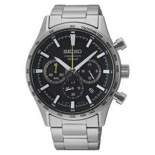 Front view of Seiko Chronograph SSB413P1 Black Dial Steel Stainless Steel Mens Watch on white background