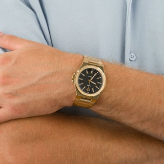 Angle shot of Timex Essex Avenue TW2V02100 Black Dial Gold Stainless Steel Unisex Watch on white background