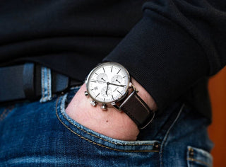 Angle shot of Timex Midtown Chronograph TW2V36600 Grey Dial Brown Leather Unisex Watch on white background