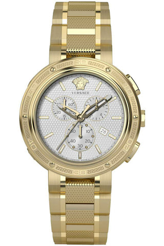 Front view of Versace Chronograph VE2H00621 White Dial Gold Stainless Steel Mens Watch on white background