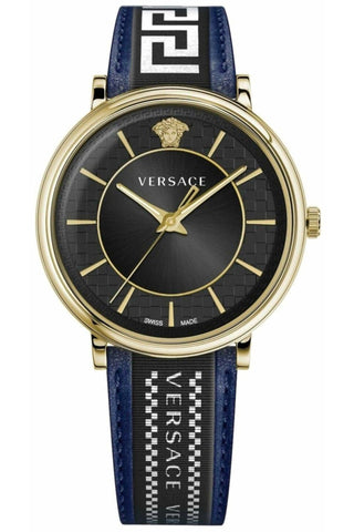 Front view of Versace VE5A01521 Black Leather Mens Watch on white background