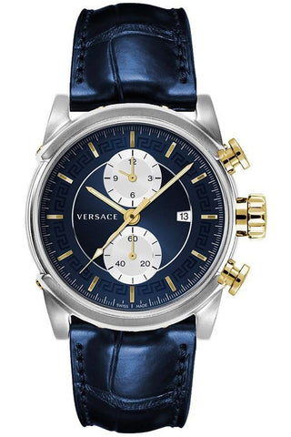 Front view of Versace Chronograph VEV400219 Grey Dial Blue Leather Mens Watch on white background