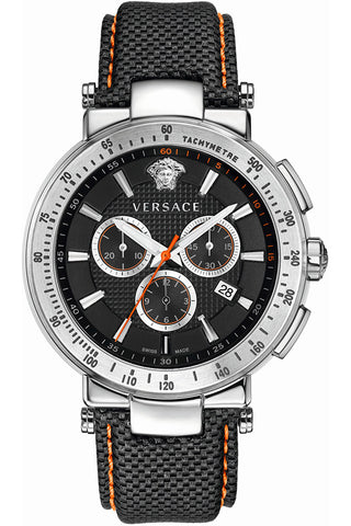 Front view of Versace Chronograph VFG040013 Black Dial Fabric Mens Watch on white background