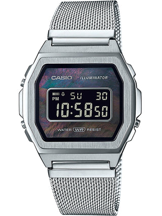 Front view of Casio Vintage Premium Collection Silver Mesh Mop Dial A1000M-1BEF Black Dial Silver Stainless Steel Unisex Watch on white background