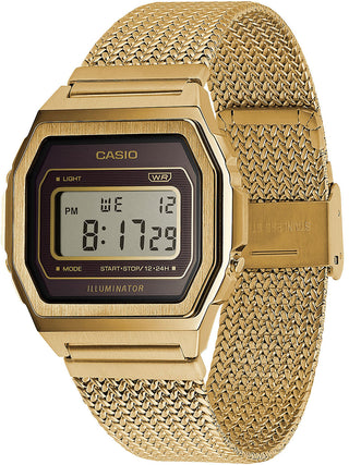 Angle shot of Casio Vintage Premium Collection Gold Mesh Brown Dial A1000MGA-5EF Grey Dial Gold Stainless Steel Unisex Watch on white background