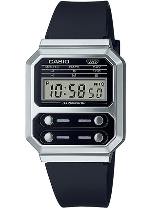 Front view of Casio Retro Vintage A100WEF-1AEF Black Rubber Unisex Watch on white background