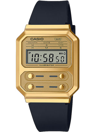 Front view of Casio Edgy Collection Gold A100WEFG-9AEF Grey Dial Black Resin Unisex Watch on white background