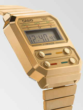 Angle shot of Casio Retro Vintage A100WEG-9AEF Gold Stainless Steel Unisex Watch on white background