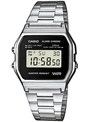 Front view of Casio Vintage Chronograph A158WEA-1EF Black Dial Silver Stainless Steel Unisex Watch on white background