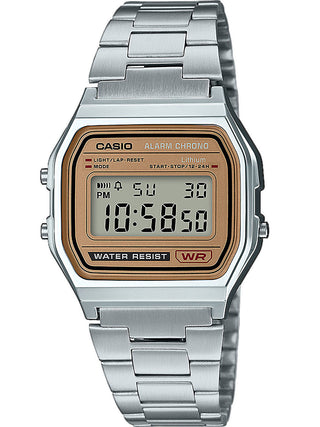 Front view of Casio Retro Vintage A158WEA-9EF Gold Dial Grey Stainless Steel Unisex Watch on white background