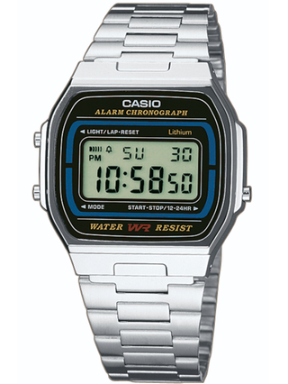 Front view of Casio Retro Vintage A164WA-1VES Black Dial Grey Stainless Steel Unisex Watch on white background