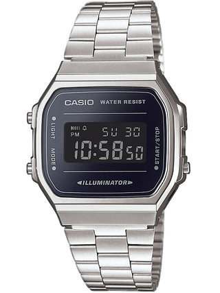 Front view of Casio Retro Vintage A168WEM-1EF Black Dial Grey Stainless Steel Unisex Watch on white background