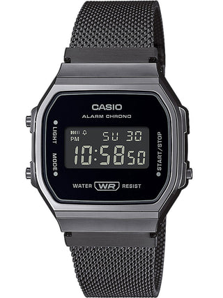 Front view of Casio Iconic All Black Mesh A168WEMB-1BEF Black Dial Grey Stainless Steel Unisex Watch on white background