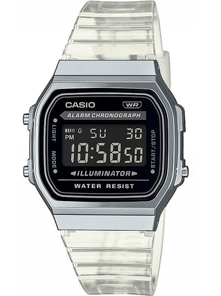 Front view of Casio Retro Vintage A168XES-1BEF Black Dial White Resin Unisex Watch on white background