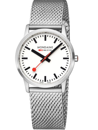 Angle shot of Mondaine A400.30351.16SBZ White Dial Silver Stainless Steel Womens Watch on white background