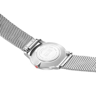 Angle shot of Mondaine A400.30351.16SBZ White Dial Silver Stainless Steel Womens Watch on white background