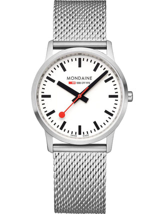 Front view of Mondaine A400.30351.16SBZ White Dial Silver Stainless Steel Womens Watch on white background