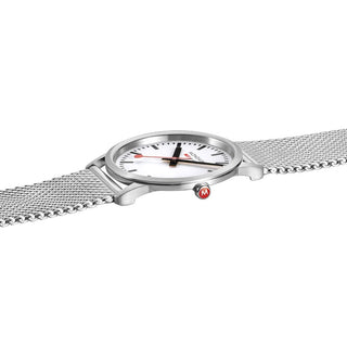 Angle shot of Mondaine A400.30351.16SBZ White Dial Silver Stainless Steel Womens Watch on white background