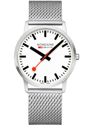 Front view of Mondaine A638.30350.16SBZ White Dial Silver Stainless Steel Unisex Watch on white background