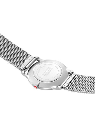 Angle shot of Mondaine A638.30350.16SBZ White Dial Silver Stainless Steel Unisex Watch on white background