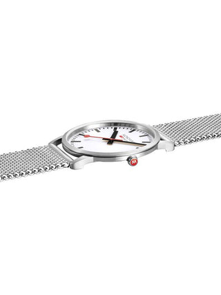 Angle shot of Mondaine A638.30350.16SBZ White Dial Silver Stainless Steel Unisex Watch on white background