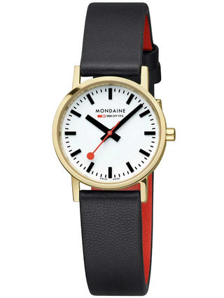 Front view of Mondaine A658.30323.10SBBV White Dial Black Leather Womens Watch on white background
