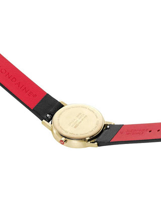 Angle shot of Mondaine A658.30323.10SBBV White Dial Black Leather Womens Watch on white background