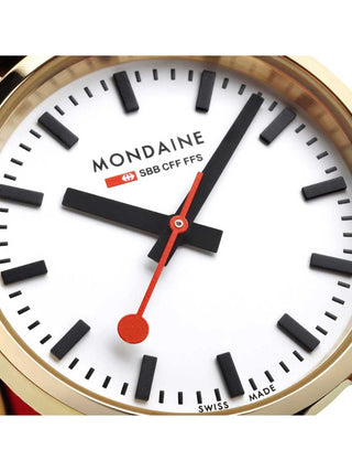 Angle shot of Mondaine A658.30323.10SBBV White Dial Black Leather Womens Watch on white background