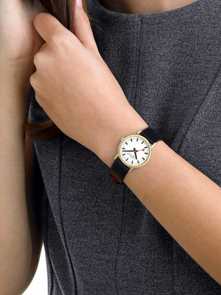 Angle shot of Mondaine A658.30323.10SBBV White Dial Black Leather Womens Watch on white background