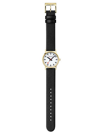 Angle shot of Mondaine A658.30323.10SBBV White Dial Black Leather Womens Watch on white background