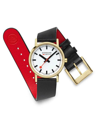 Angle shot of Mondaine A658.30323.10SBBV White Dial Black Leather Womens Watch on white background