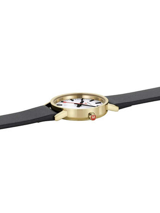 Angle shot of Mondaine A658.30323.10SBBV White Dial Black Leather Womens Watch on white background
