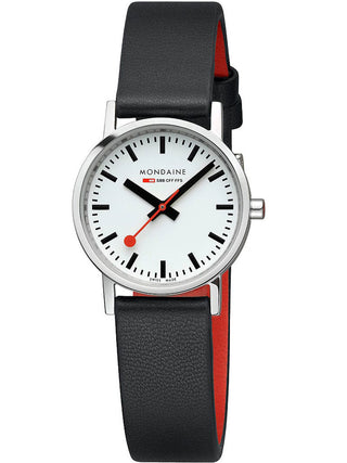 Angle shot of Mondaine A658.30323.11SBBV White Dial Black Leather Womens Watch on white background