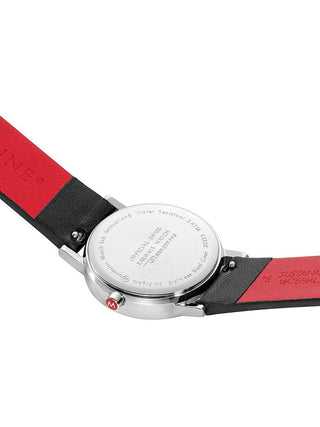 Angle shot of Mondaine A658.30323.11SBBV White Dial Black Leather Womens Watch on white background
