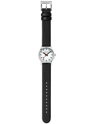 Angle shot of Mondaine A658.30323.11SBBV White Dial Black Leather Womens Watch on white background