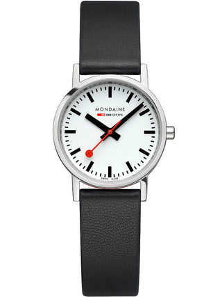 Front view of Mondaine A658.30323.11SBBV White Dial Black Leather Womens Watch on white background