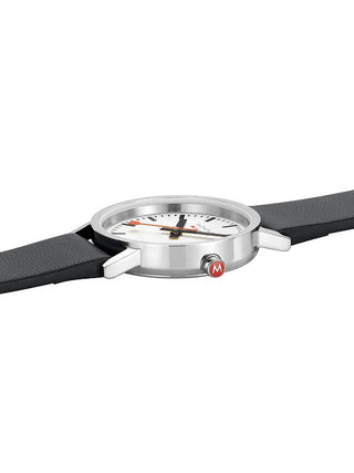 Angle shot of Mondaine A658.30323.11SBBV White Dial Black Leather Womens Watch on white background