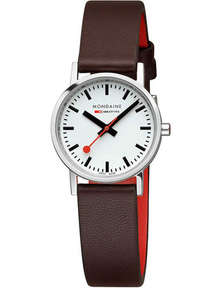 Front view of Mondaine A658.30323.11SBGV White Dial Brown Leather Womens Watch on white background