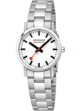 Front view of Mondaine A658.30323.11SBJ White Dial Silver Stainless Steel Womens Watch on white background