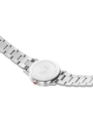 Angle shot of Mondaine A658.30323.11SBJ White Dial Silver Stainless Steel Womens Watch on white background