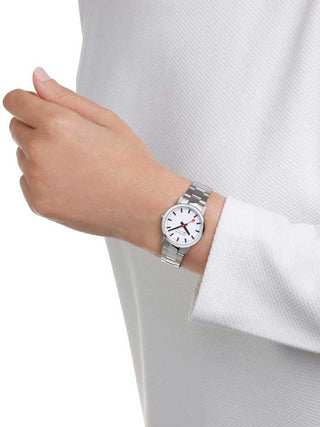 Angle shot of Mondaine A658.30323.11SBJ White Dial Silver Stainless Steel Womens Watch on white background
