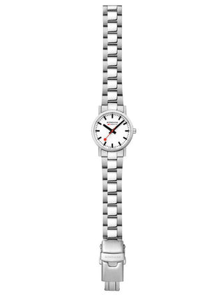 Angle shot of Mondaine A658.30323.11SBJ White Dial Silver Stainless Steel Womens Watch on white background